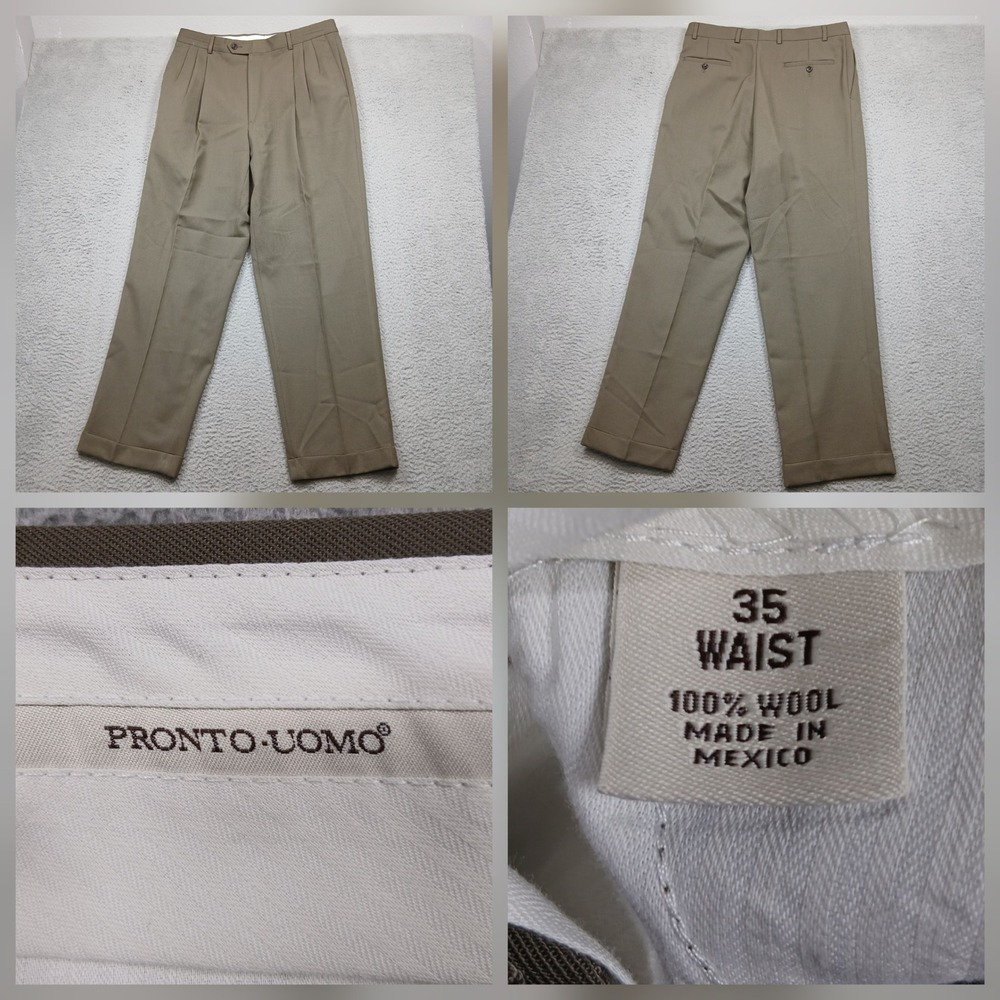 Pronto Uomo Dress Pants Men's 35W Tan 100% Wool Pleated Cuffed‎ Hem